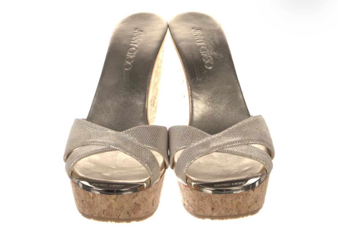 Preowned Jimmy Choo Metallic Gold Cork Wedge Sandals – Size 39.5