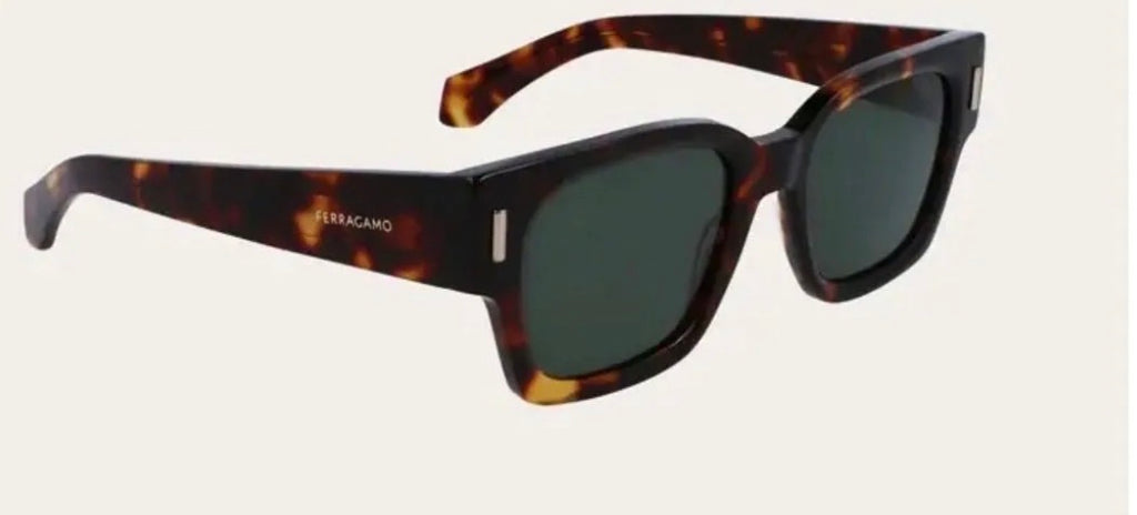 New Ferragamo Tortoiseshell Rectangular Sunglasses – Green Lenses