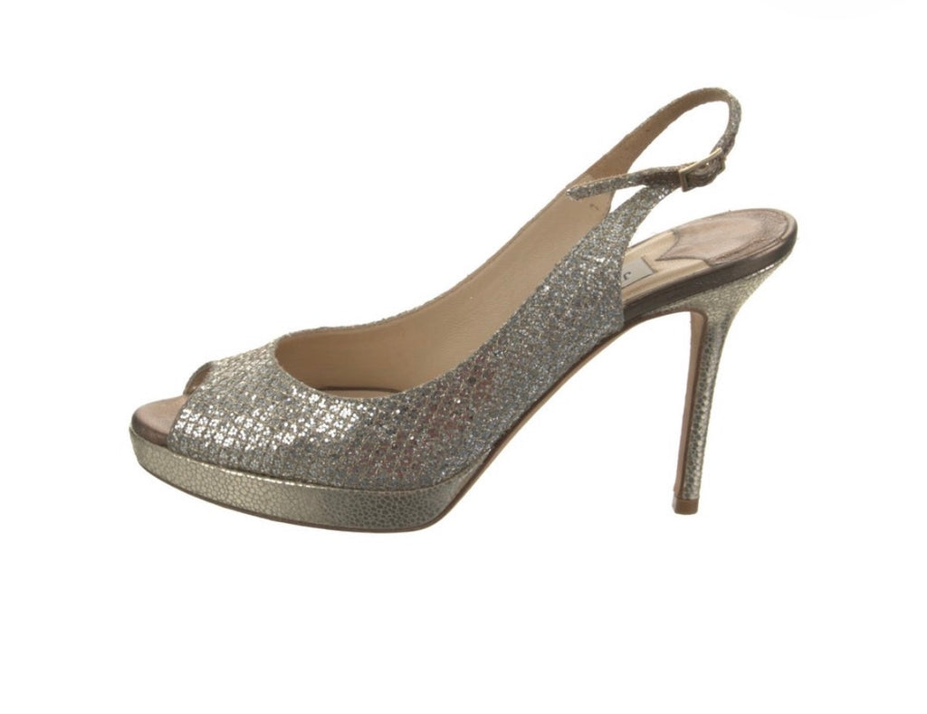 Preowned Jimmy Choo Metallic Silver Peep-Toe Slingback Pumps – Size 37.5