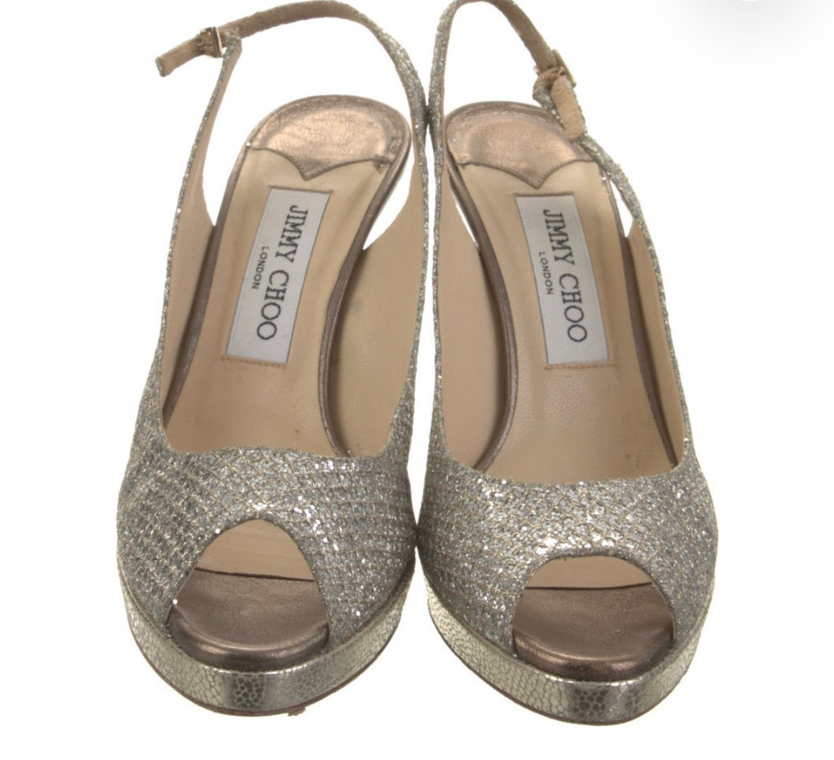 Preowned Jimmy Choo Metallic Silver Peep-Toe Slingback Pumps – Size 37.5