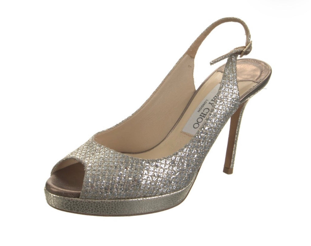 Preowned Jimmy Choo Metallic Silver Peep-Toe Slingback Pumps – Size 37.5