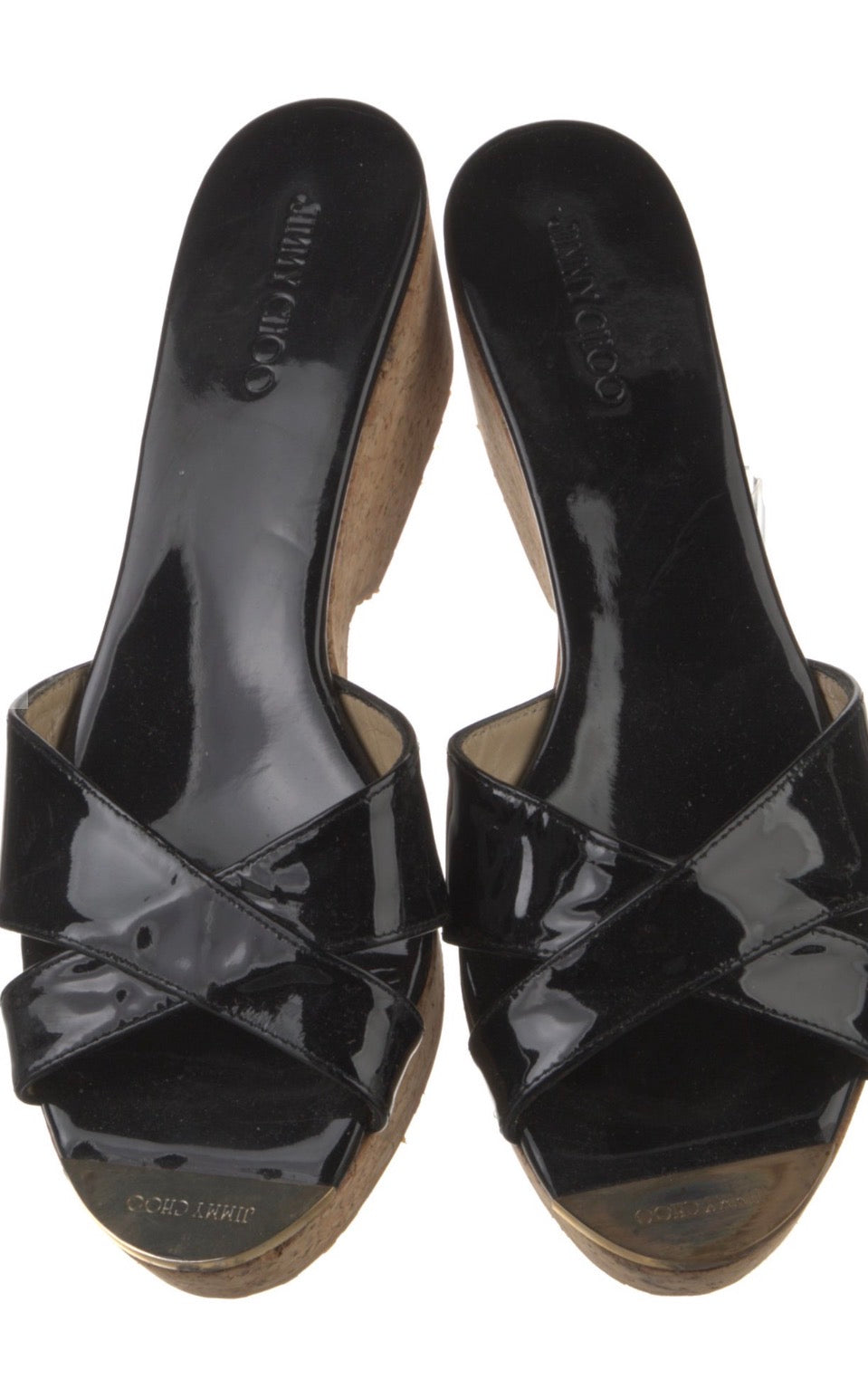 Preowned Jimmy Choo Black Patent Leather Cork Wedge Sandals
