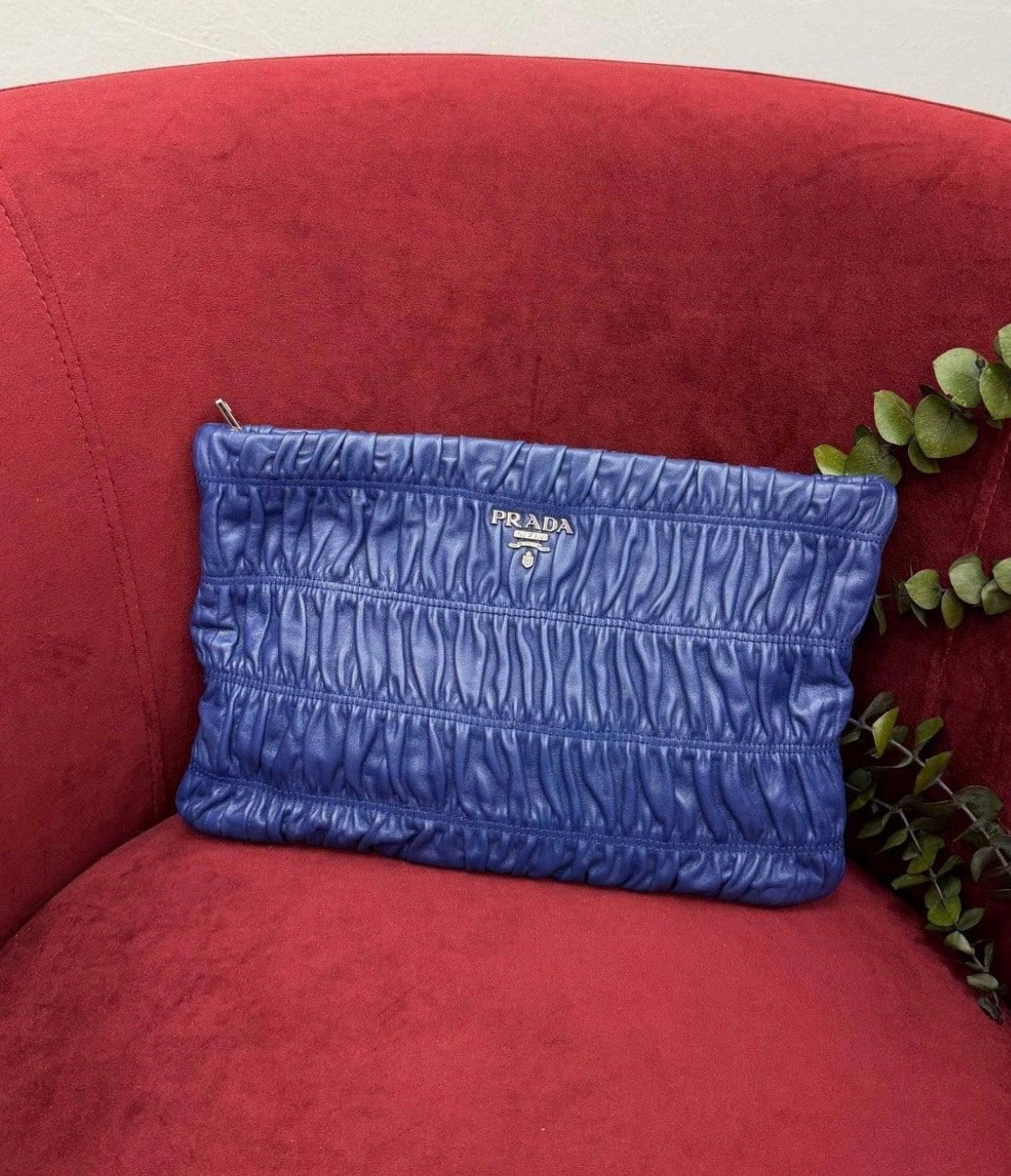 Prada Gaufre Ruched Leather Clutch – Blue