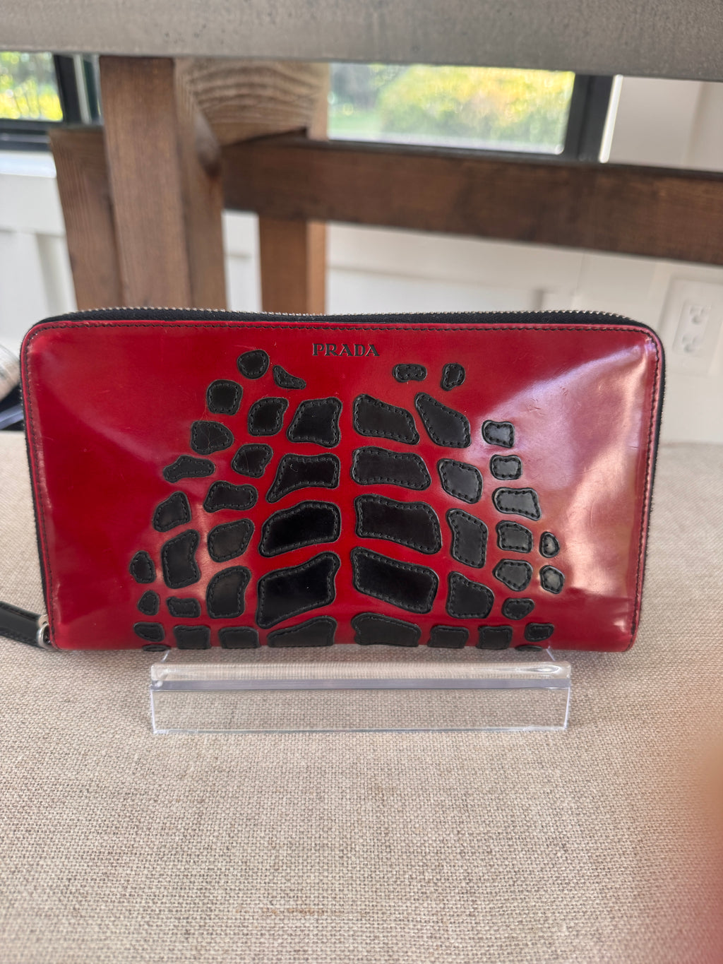 Preowned Prada Red & Black Grafite Spazzolato Long Wallet / Clutch