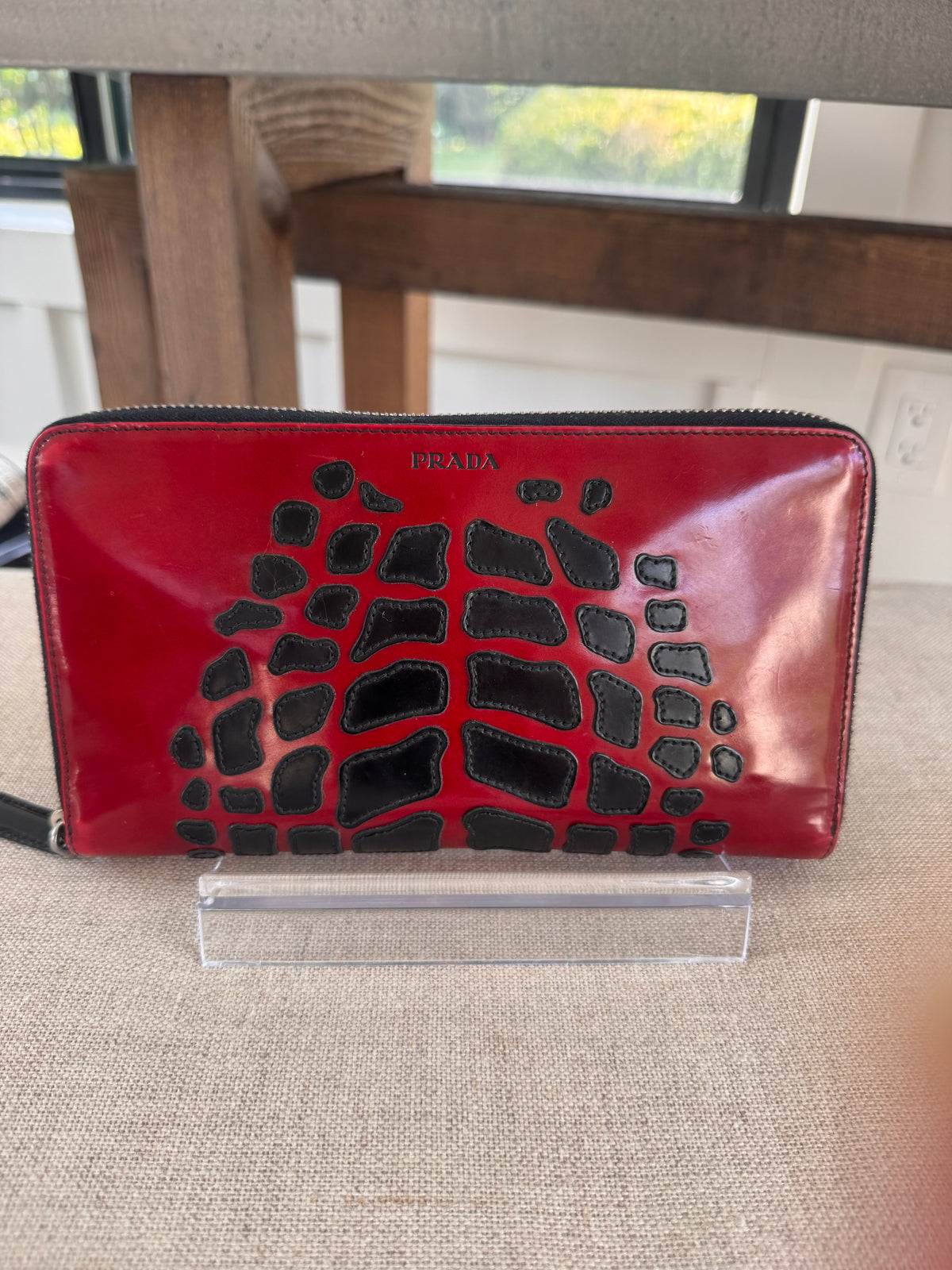 Preowned Prada Red & Black Grafite Spazzolato Long Wallet / Clutch