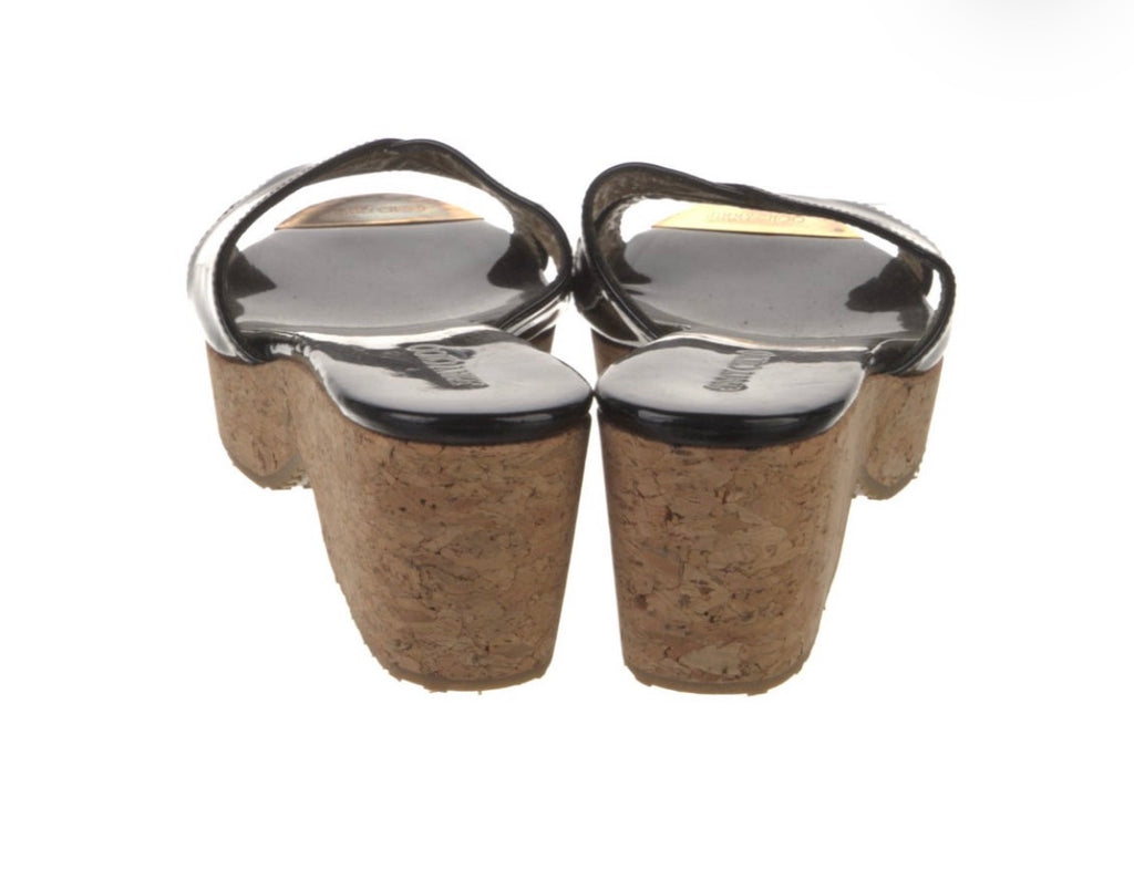 Preowned Jimmy Choo Black Patent Leather Cork Wedge Sandals
