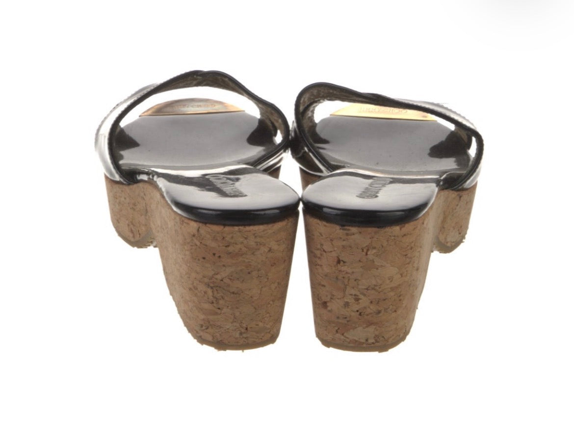 Preowned Jimmy Choo Black Patent Leather Cork Wedge Sandals