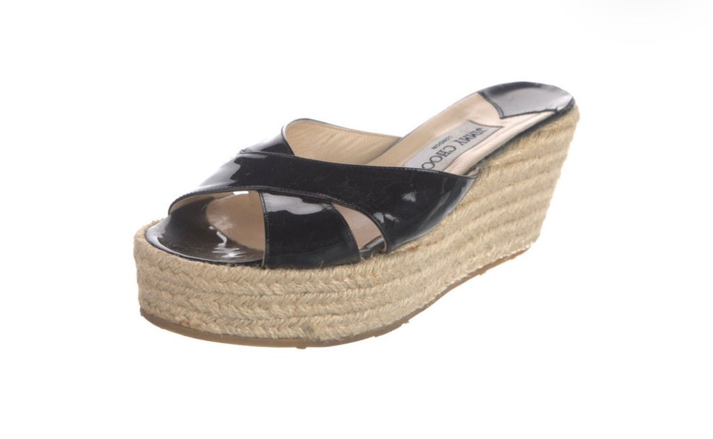 Preowned Jimmy Choo Black Patent Leather Espadrille Wedge Sandals – Size 39