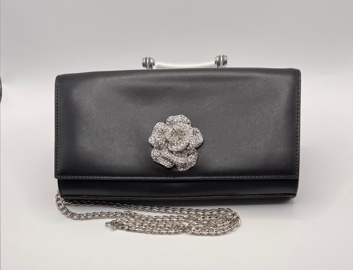 Michael Kors Black Leather Crystal Flower Clutch / Crossbody