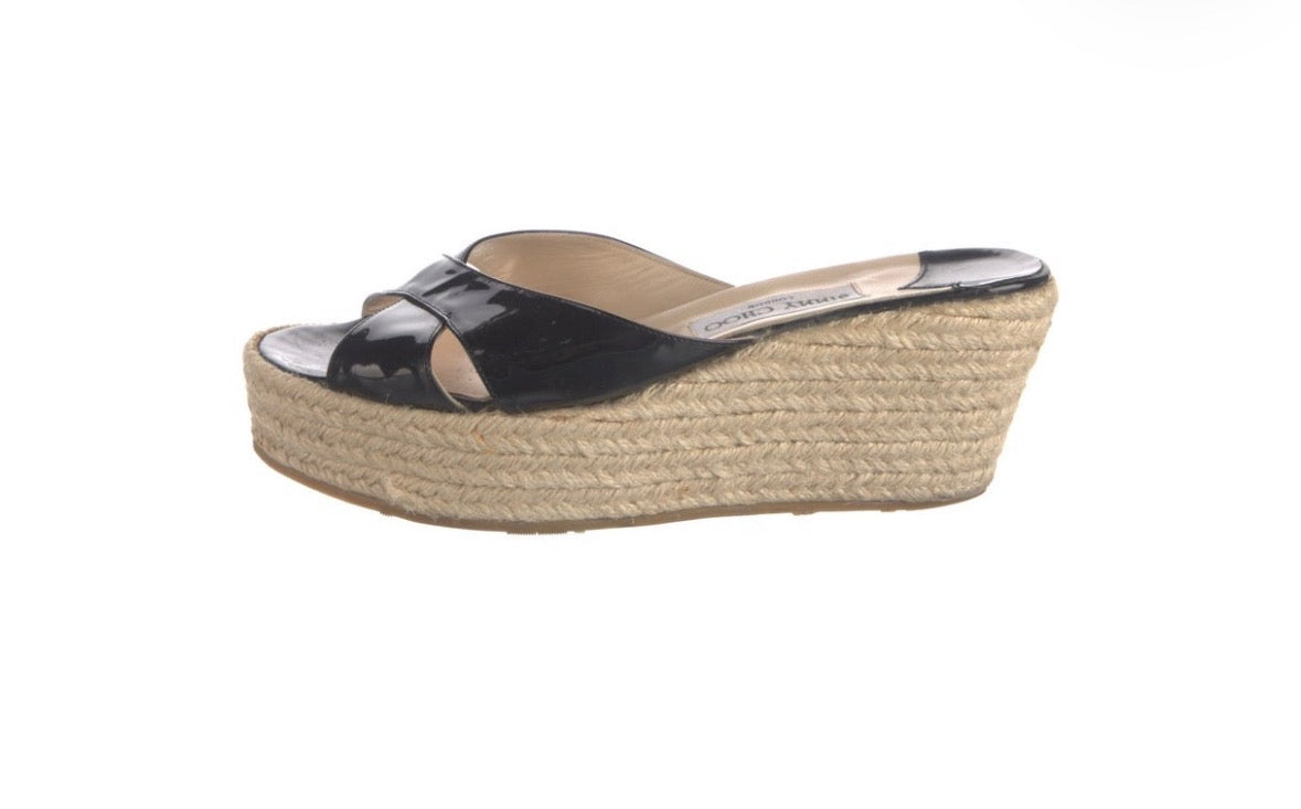 Preowned Jimmy Choo Black Patent Leather Espadrille Wedge Sandals – Size 39