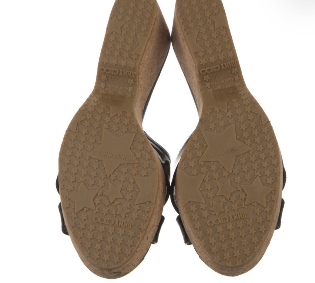 Preowned Jimmy Choo Black Patent Leather Cork Wedge Sandals