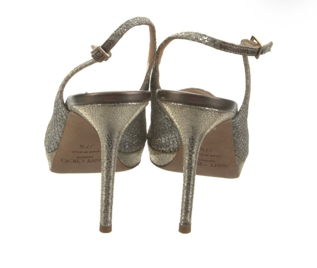 Preowned Jimmy Choo Metallic Silver Peep-Toe Slingback Pumps – Size 37.5