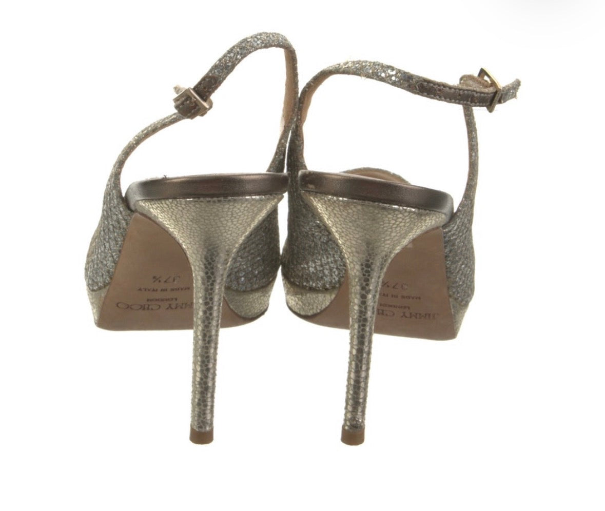 Preowned Jimmy Choo Metallic Silver Peep-Toe Slingback Pumps – Size 37.5