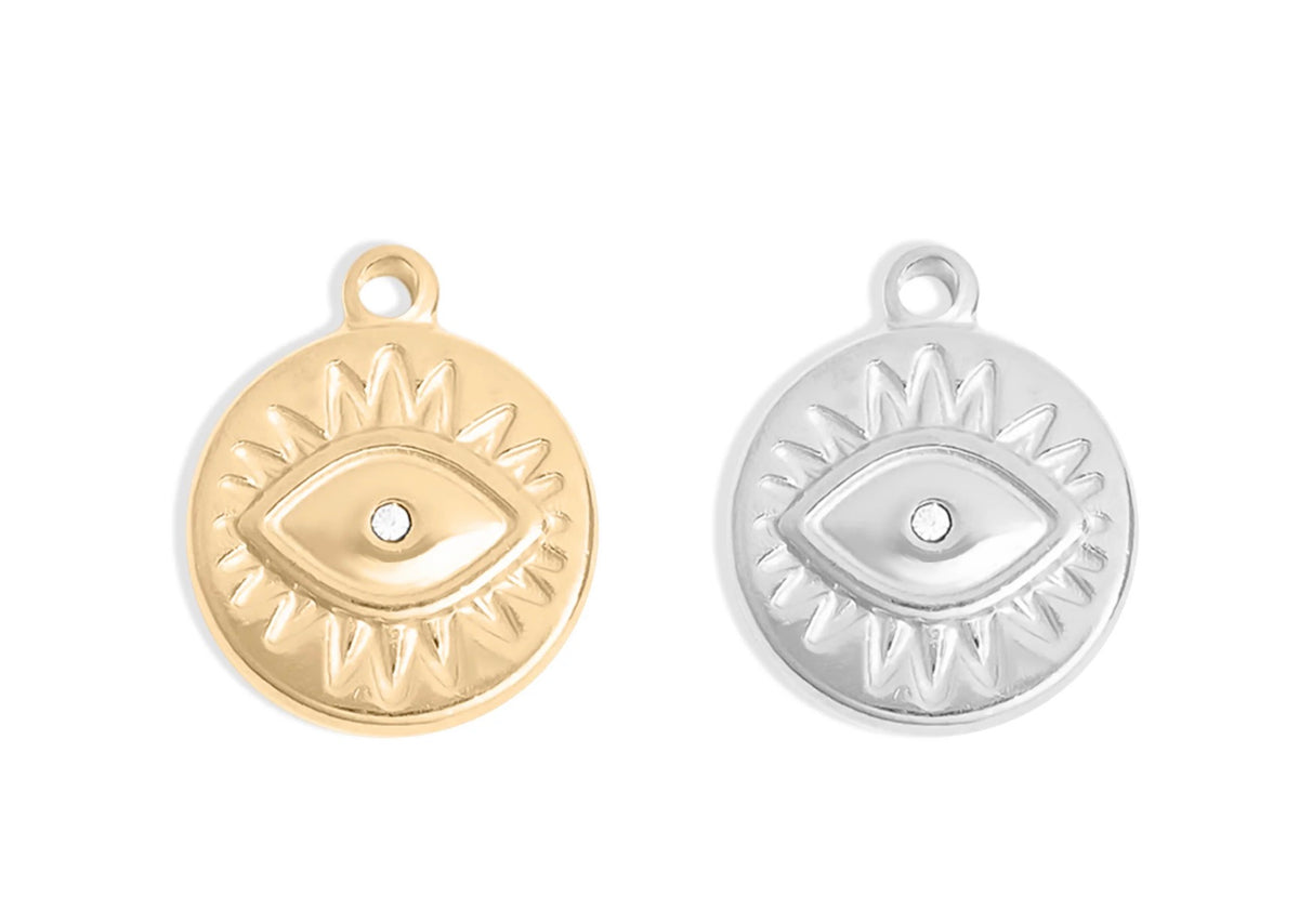 18K Gold-Plated or Silver-Tone Crystal Evil Eye Sun Disc Charm