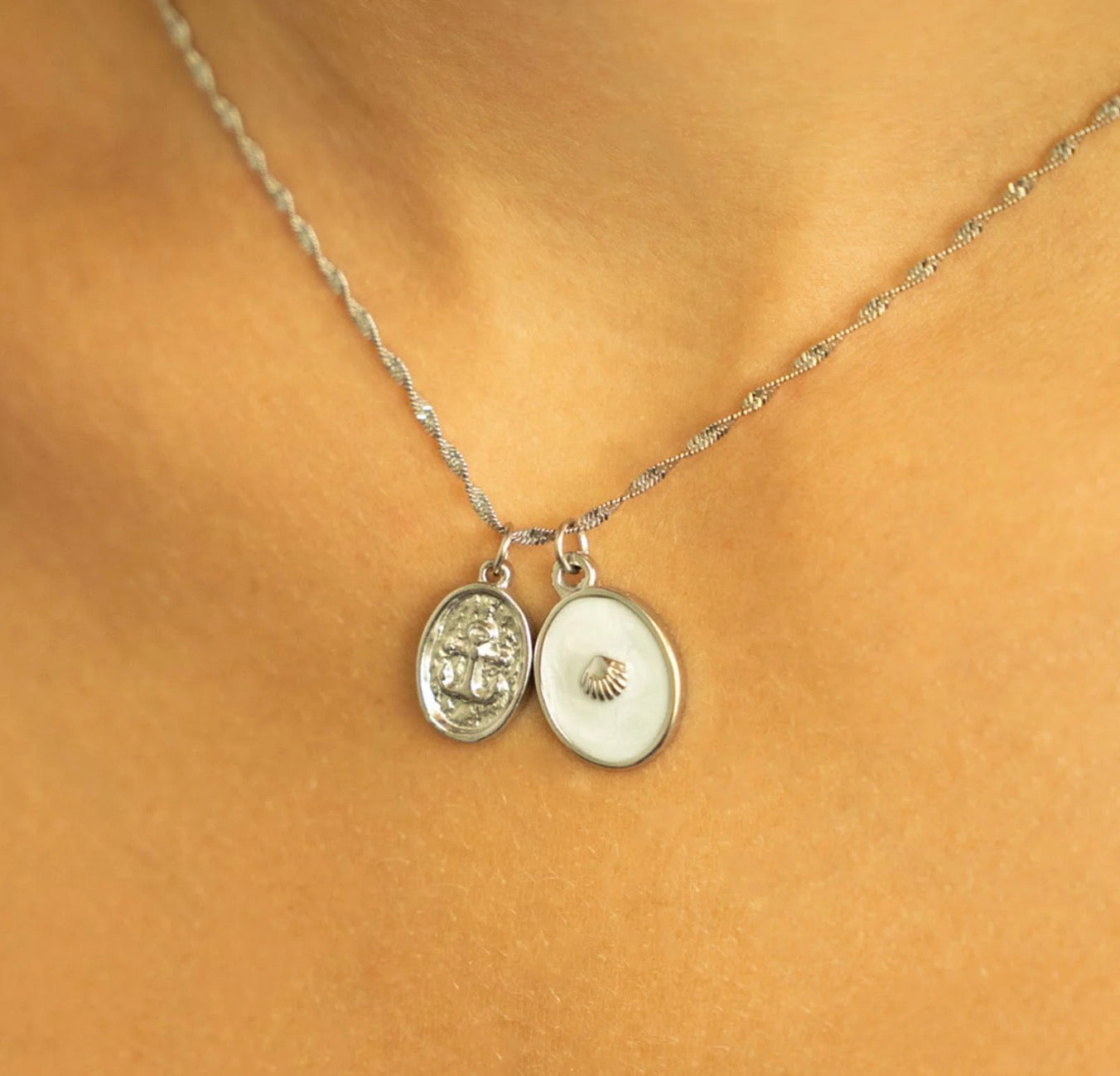 White Enamel Seashell Charm in Silver tone stainless steel